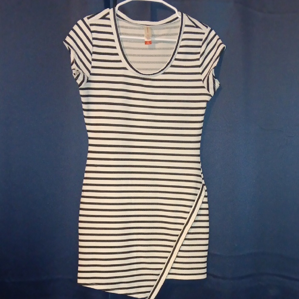 No Boundaries Black and White Striped Asymmetrical Dress